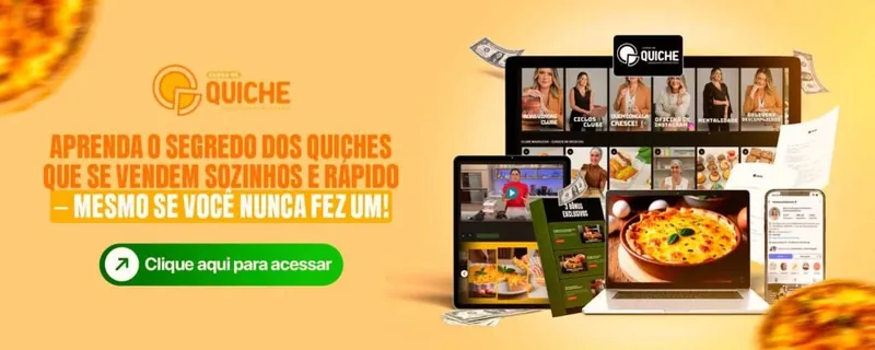 Banner Curso de Quiche: quiches dourados e o curso em notebook, tablet e celular