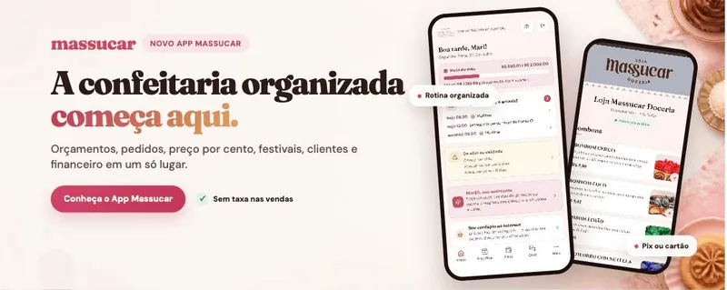 Banner do novo App Massucar: dois celulares mostrando rotina, metas e a loja de bombons