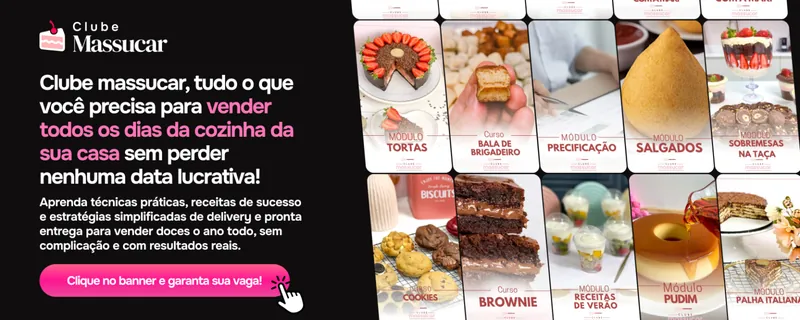Banner Clube Massucar: grade de módulos de cursos de tortas, salgados, brownies, pudim e palha italiana
