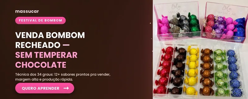 Banner Festival de Bombom: bombons recheados em embalagens coloridas dentro de bandejas de acrílico massucar
