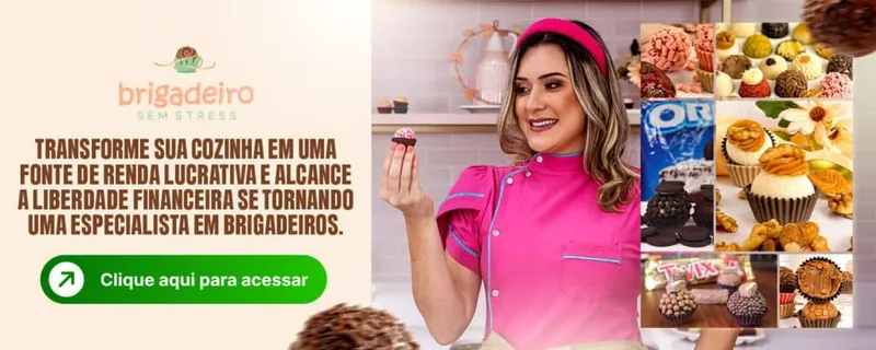 Banner Brigadeiro Sem Stress: brigadeiros gourmet variados e a confeiteira segurando um brigadeiro