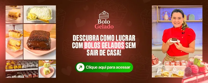 Banner Bolos Gelados: fatias e embalagens de bolo gelado de coco e chocolate, e a confeiteira segurando um pratinho de bolo