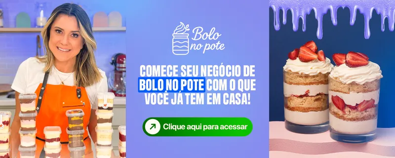 Banner Bolo no Pote: a confeiteira de avental laranja segurando potinhos de bolo e copos de bolo em camadas com morango