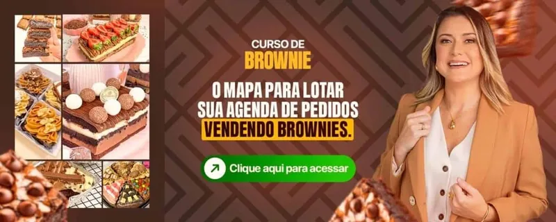 Banner Curso de Brownie: brownies em pedaços, bolo de brownie com brigadeiro e mini brownies